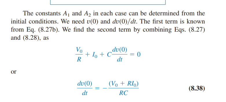 <p>In order to solve for the coefficients of the response functions, we must (again) utilize v(0), I(0), and the differential term. </p><p></p><ol><li><p>V(0)</p><ol><li><p>The initial capacitor voltage assuming a steady-state condition. </p></li></ol></li><li><p>I(0)</p><ol><li><p>The initial inductor current during steady-state conditions.</p></li></ol></li><li><p>Differential Term</p><ol><li><p>dv(0)/dt = -(V(0) + RI(0))/(RC)</p></li></ol></li></ol><p></p><p></p>