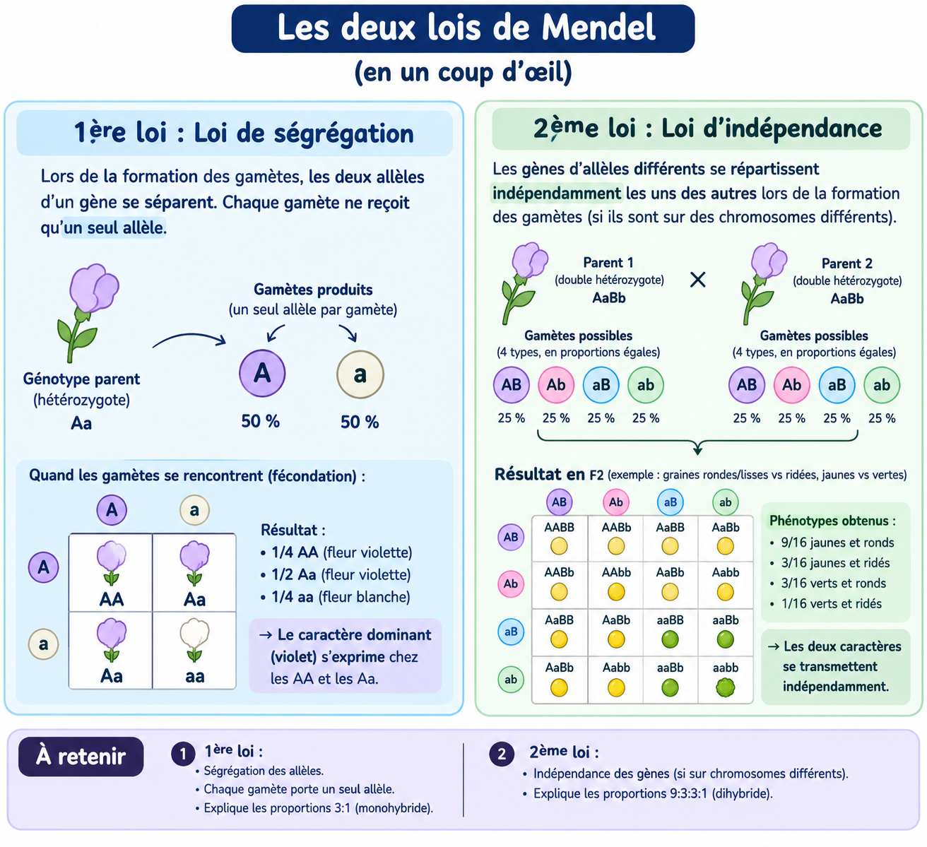 <p>Première lois</p><p class="has-focus">-Ségrégation des allèles </p><p class="has-focus">-Chaque gamète porte un seul allèle </p><p class="has-focus">-Explique les proportions</p><p class="has-focus">Deuxième lois:</p><p class="has-focus">-L'indépendance des gènes</p><p class="has-focus">-Explique les proportions </p>