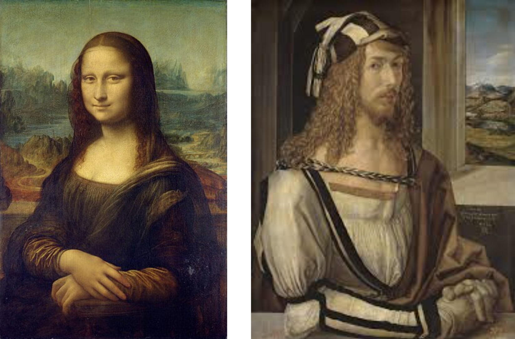 <p>Mona Lisa- Leonardo da Vinci (left) and Prado Self-portrait- Albrecht Durer (right)</p>