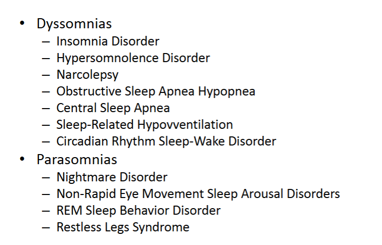 <ul><li><p>Dyssomnias = affect the amount, quality, or timing of sleep.</p></li><li><p>Parasomnias= unwanted physical events, movements, or unusual experiences that intrude into the sleep cycle</p></li></ul><p></p>