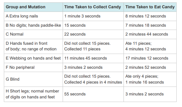 <p>According to the provided experiment data, which mutation resulted in the least amount of candy collected?</p>