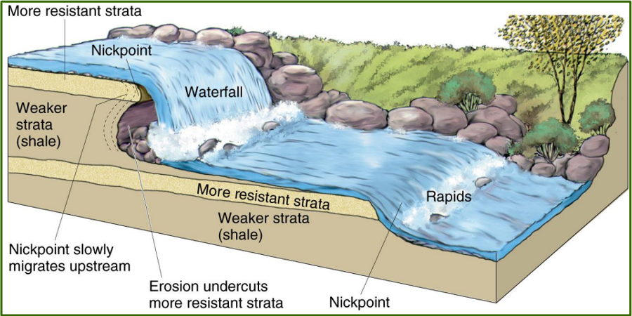 <p>A place in a river where the slope suddenly becomes steeper, often forming a waterfall or rapids. </p>