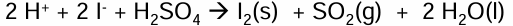 <ul><li><p>H<sub>2</sub>SO<sub>4 </sub> → SO<sub>2</sub> </p></li><li><p>2I- → I<sub>2 </sub></p></li><li><p>Combine to get full equation </p></li><li><p>I<sub>2</sub> produced will either be a grey solid or purple gas</p></li></ul><p></p>