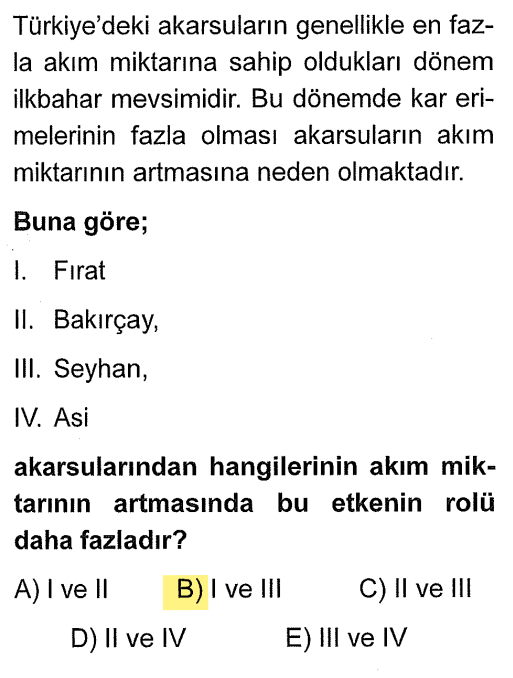 <p>Bir akarsuyun kar sularıyla beslenmesi için kaynağını yüksek dağlardan alması gerekir. <strong>Fırat</strong>, Doğu Anadolu'nun yüksek karlı dağlarından; <strong>Seyhan</strong> ise Toroslar'dan (Aladağlar) beslenir. Bakırçay (Ege) ve Asi (Lübnan kaynaklı, düşük rakım) bu etkiye o kadar açık değildir.</p>
