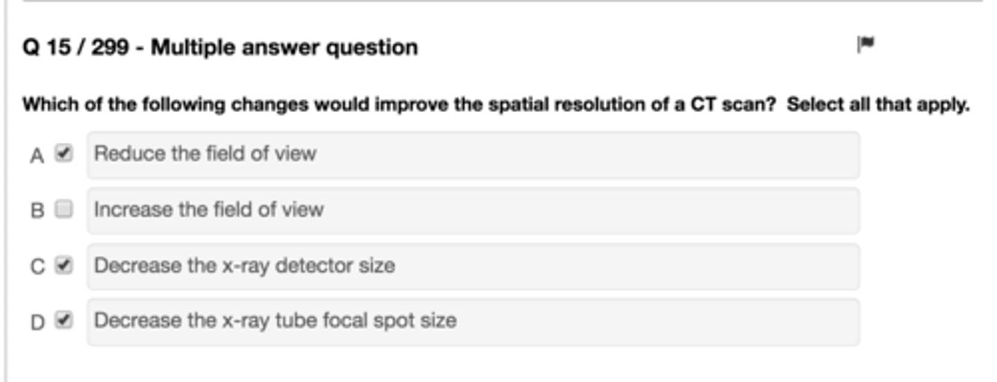 <p>Spatial resolution:</p><p>1) focal spot</p><p>2) detector width (aperture)</p><p>3) reconstruction algorithm - bone>soft tissue</p><p>4) slice thickness - thinner is better</p><p>5) pixel/FOV/matrix</p><p>6) pitch - decreased pitch means no gaps</p><p>7) nyquist limitations</p><p>Contrast resolution: CNR</p><p>1) energy of X-rays - kVp - ↑ kVp ↓ contrast</p><p>2) number of X-rays - mA - ↑ mA ↓ mottle</p><p>3) slice thickness - thicker is better</p><p>4) reconstruction method - iterative > filtered</p><p>5) reconstruction algorthith - soft tissue>bone</p>
