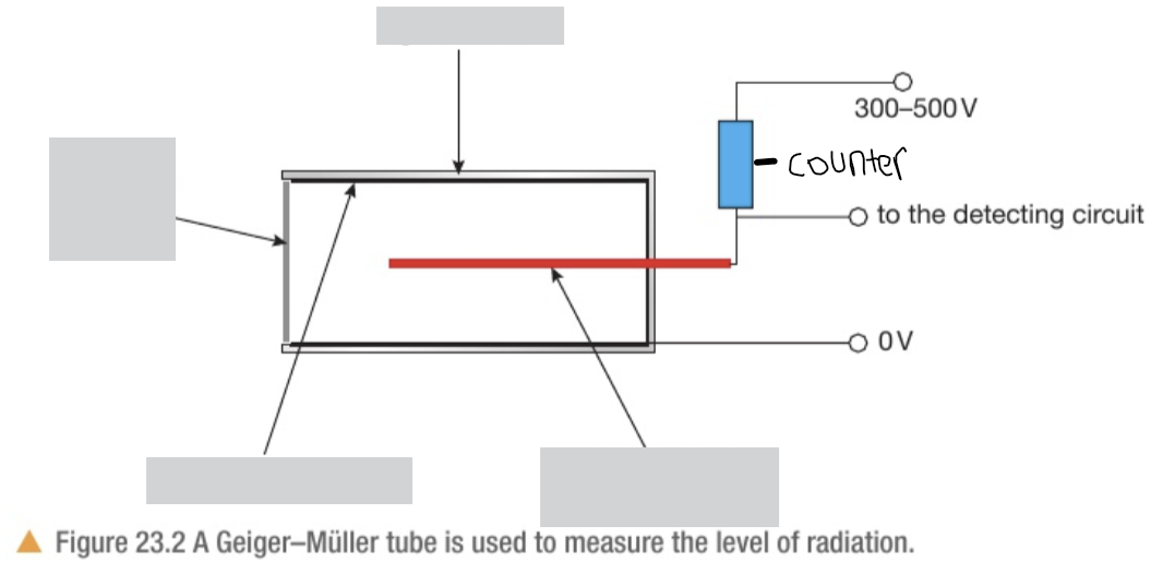 <p>Label the GM tube. Describe the contents inside and the structure</p>