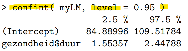 <p><mark data-color="blue" style="background-color: blue; color: inherit;">level </mark>(in de plaats van sig.level of conf.level) = <mark data-color="blue" style="background-color: blue; color: inherit;">0.95 </mark>(! niet 0.05)</p><ul><li><p>De voorlaatste regel = het betrouwbaarheidsinterval van B<sub>0</sub></p></li><li><p>De laatste regel = het betrouwbaarheidsinterval van B<sub>1</sub></p></li></ul><p></p>