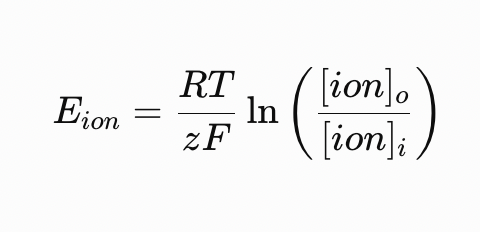 <ul><li><p><strong>R</strong> = gas constant</p></li><li><p><strong>T</strong> = temperature in Kelvin</p></li><li><p><strong>z</strong> = valence of the ion</p></li><li><p><strong>F</strong> = Faraday's constant</p></li></ul><p></p>