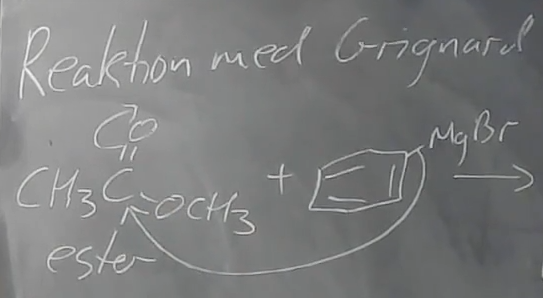 <p>hvad får man hvis man blander en ester med et grignard reagens? brug eksemplet</p>