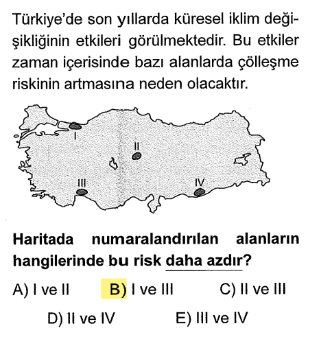 <p>Çölleşme, kuraklık ve bitki örtüsü kaybıyla olur. <strong>I (İstanbul/Yıldız Dağları)</strong> ve <strong>III (Teke Yarımadası/Antalya batısı)</strong> yağışın ve nemin daha yüksek olduğu yerlerdir. II (İç Anadolu) ve IV (Güneydoğu) Türkiye'nin en kurak, çölleşmeye en müsait yerleridir.</p>