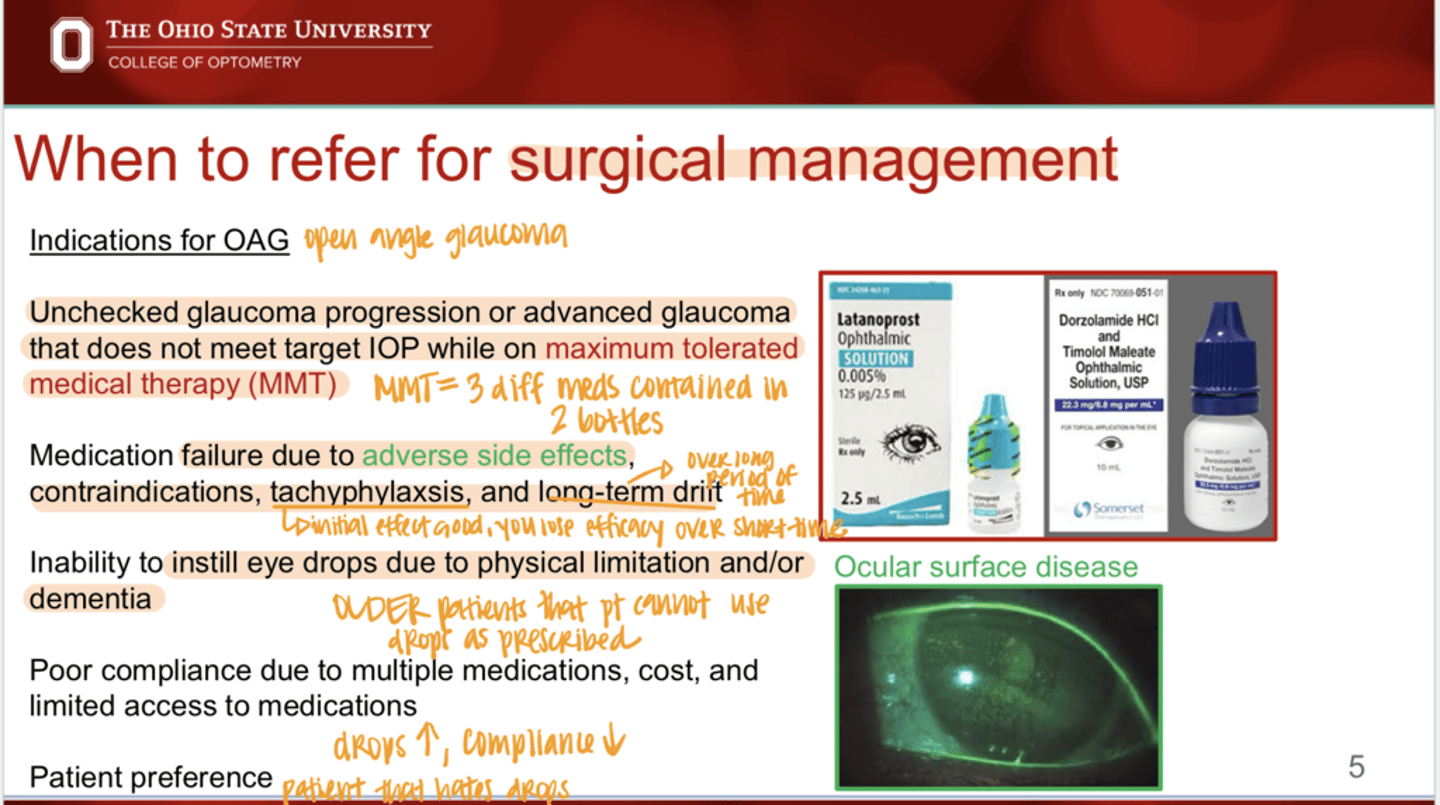 <p>What are the indications for surgical management in OAG?</p>