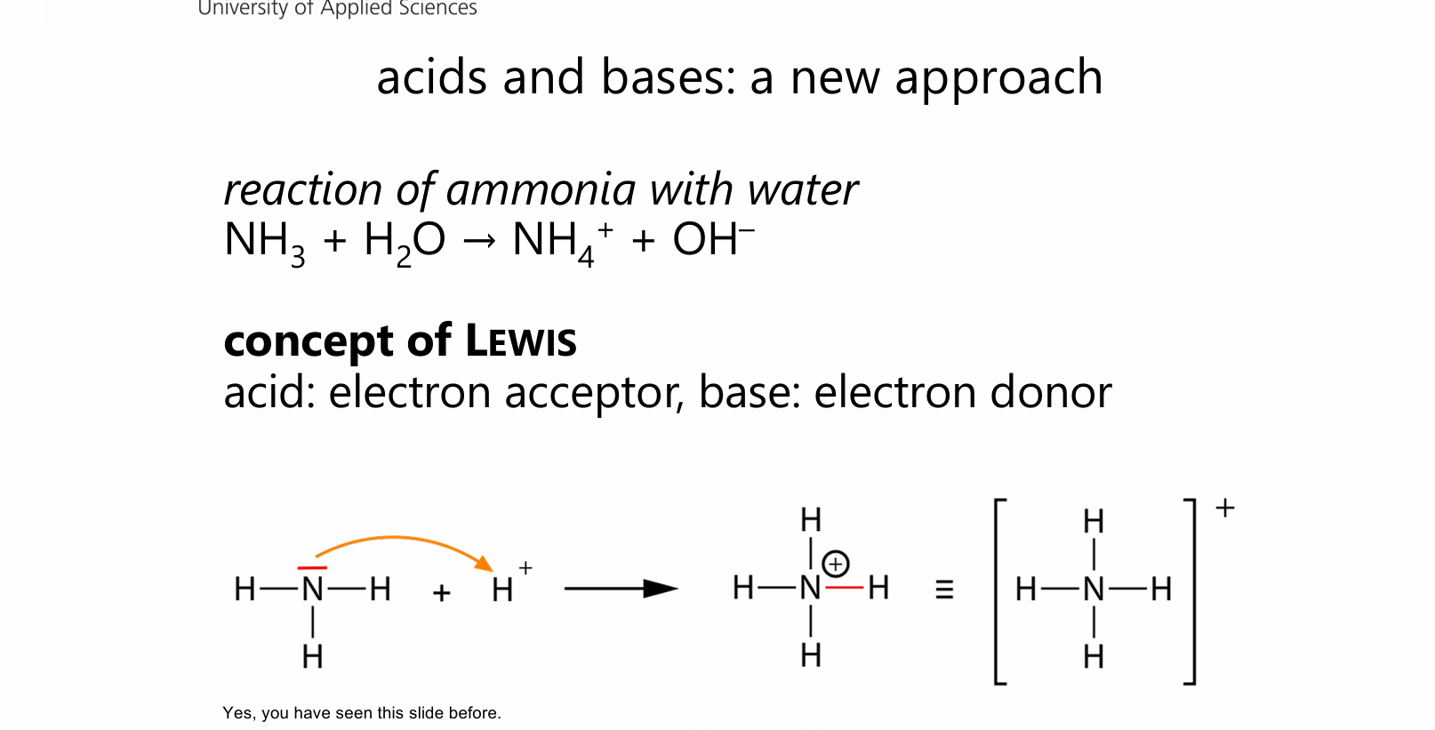<p>NH3 + H2O → NH4+ + OH-</p><ul><li><p>NH₃ <strong>donates</strong> its electron pair → <strong>Lewis base</strong></p></li><li><p>H⁺ <strong>accepts</strong> it → <strong>Lewis acid       </strong>NH3​+H+→NH4+​</p></li></ul><p>The new N–H bond is a:</p><p> <strong>coordinate covalent bond</strong></p>