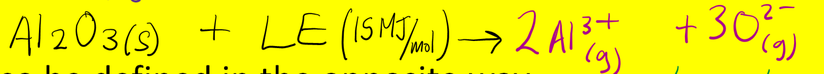 <p>Lattice energy is the energy required to separate 1 mol of an ionic crystal into individual gaseous ions.</p><p>Lattice energy is the energy released when gaseous ions form a crystal</p><p>(both definitions mean the same thing)</p>