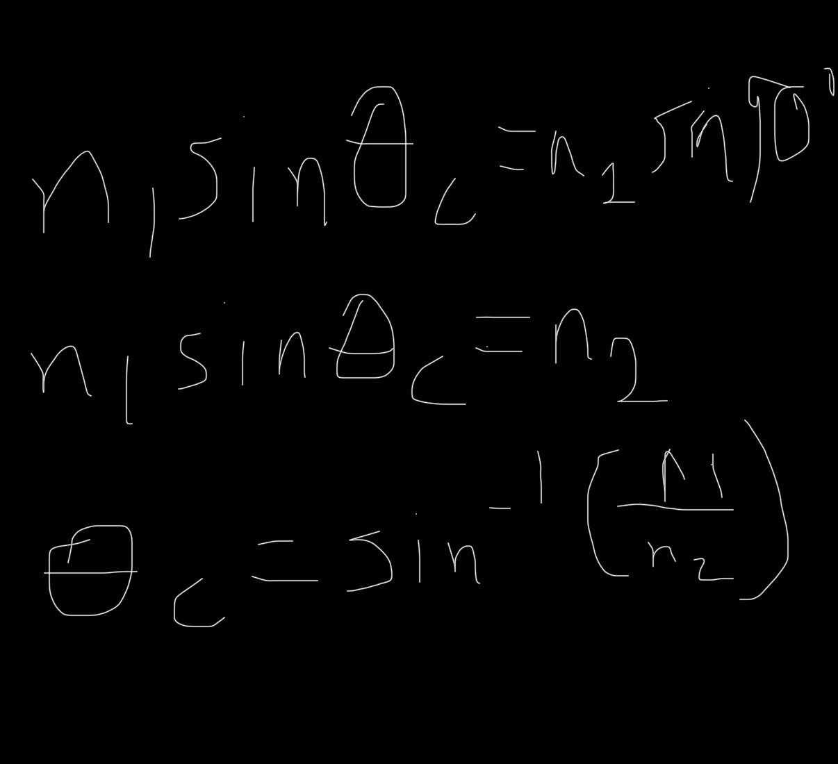 <p>where</p><p>n1 =  index of refraction of medium 1</p><p>theta c = critical angle</p><p>n2 = index of refraction of medium 2 </p>