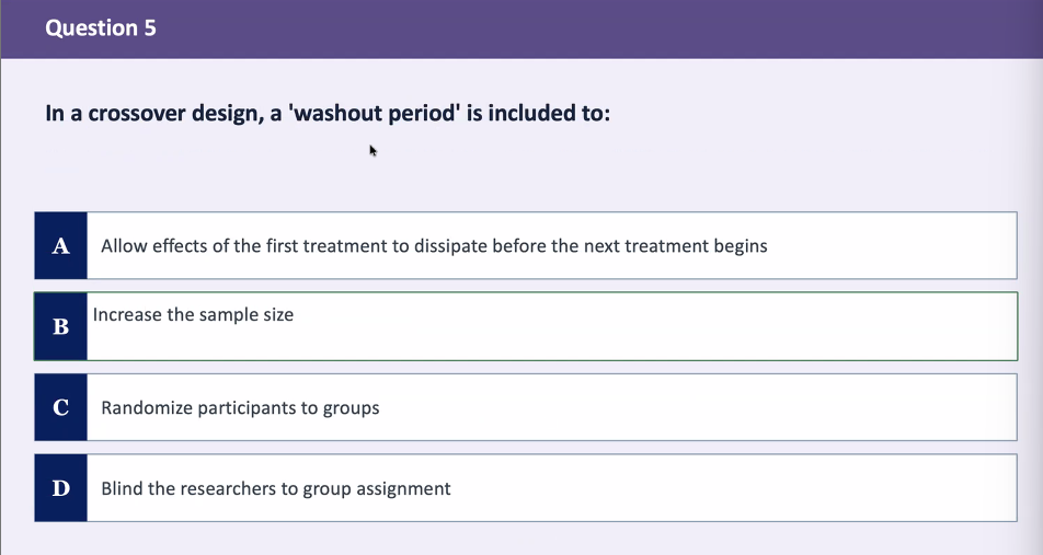 <p>A. allow effects of the first treatment to dissipate before the next treatment begins</p>