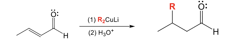 <p>Micheal reaction</p><ul><li><p>Add one R group to the beta position and a hydrogen to the alpha position</p></li><li><p>1,4 addition product</p></li></ul><p></p>