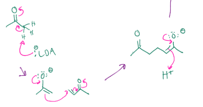 <p>Gets rid of that double bond and the carbonyl shifts the electrons up so the carbon is charged, and then creates a double bond, which reaches out there</p>