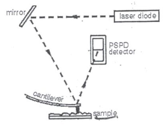 <ul><li><p>AFM is performed by scanning a sharp tip across the surface. Inter-atomic forces between the tip and sample are measured using a sensitive optical technique. The forces are measured by attaching the tip to a cantilever. A laser beam is focussed onto the tip of the cantilever and bounced back to a position-sensitive photo-detector (PSPD). As a force is registered the cantilver bends. This alters the position of the laser beam on the PSPD and this is translated using the force constant, k, to give the inter-atomic forces.</p></li><li><p>Forces are measured as the tip is scanned across the surface to give a map of the topography of the surface with atomic resolution.</p></li></ul><p></p>