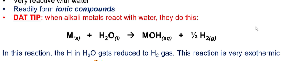 <ul><li><p><strong>Low ionization energies</strong> (e<strong>asy to remove an electron from them)</strong> because they want to lose their outermost electron, so they can shift to the left and feel like the nearest noble gas. It’s a lot easier to shift left than right for elements in Group .</p></li><li><p>Very reactive with water</p></li><li><p>Readily form ionic compounds</p></li></ul><p></p>