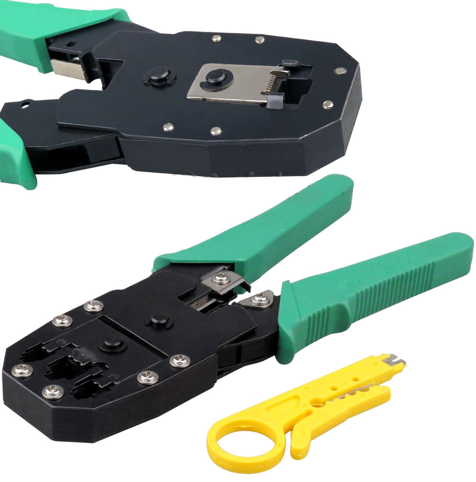 <p>A <strong>cable crimper</strong> attaches a <strong>modular connector</strong> (such as RJ-45) to a network cable.</p><p>Process:</p><ul><li><p>pushes <strong>metal pins through the wire insulation</strong></p></li><li><p>secures the connector onto the <strong>cable sheath</strong></p></li><li><p>final step when making Ethernet cables</p></li></ul><p></p>