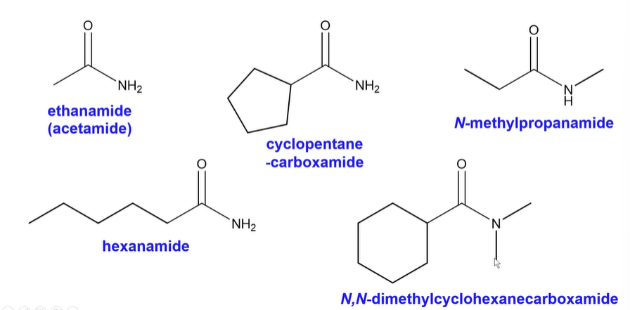 <p>Any alkyl groups attatched to nitrogen become <strong>N-methyl, N-ethyl, N-propyl, etc</strong></p><p></p><p>The parent chain starts at the C=O carbon and is counted moving away from the amide nitrogen.</p><p></p><p><strong>e is replaced with AMIDE.</strong></p>