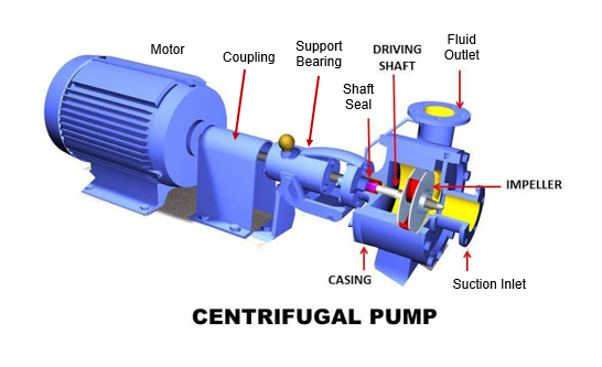 <p>motor, coupling, support bearing, shaft seal, driving shaft, casing, fluid outlet, impeller, suction inlet</p>