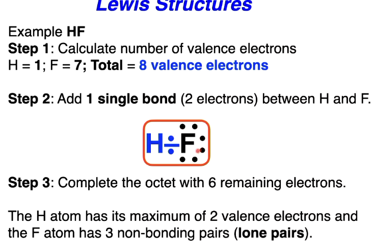 <ol><li><p>Find the total valence e- in a moelcule</p></li><li><p>A single covalent bond contains 2 e- <br>- some atoms can have multiple bonds (eg. C,N,O,P,S)</p></li><li><p>Apply the octet rule for every atom except H (bc 2 is enough) <br>- use lone pairs and multiple bonds (double, triple)</p></li><li><p>Place left over e- on atoms with available d orbitals (3rd period + beyond)</p></li><li><p>Check atoms for ‘formal’ charges</p></li></ol><p></p>