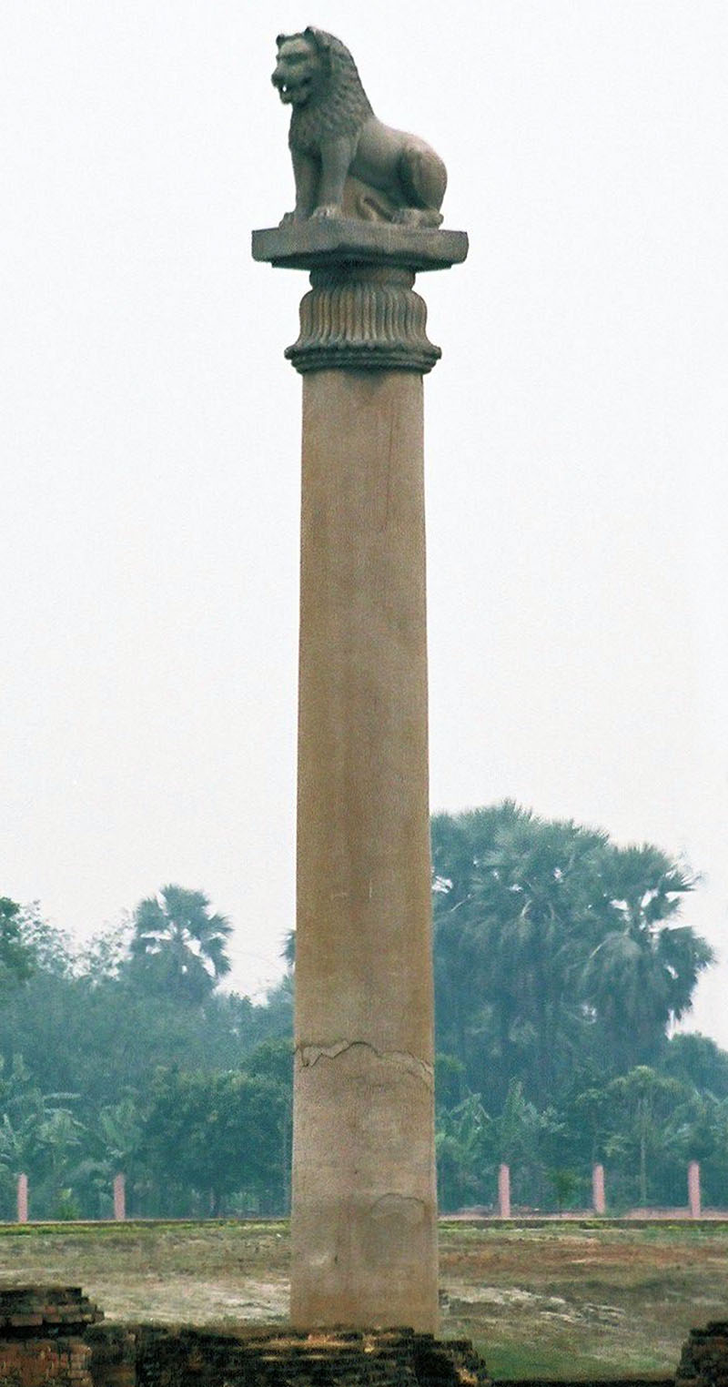 <p>40-50 foot tall sandstone columns erected by Emperor Ashoka in the 3rd century BCE to spread Buddhist principles; featured polished shafts and the famous Sarnath lion capital</p>