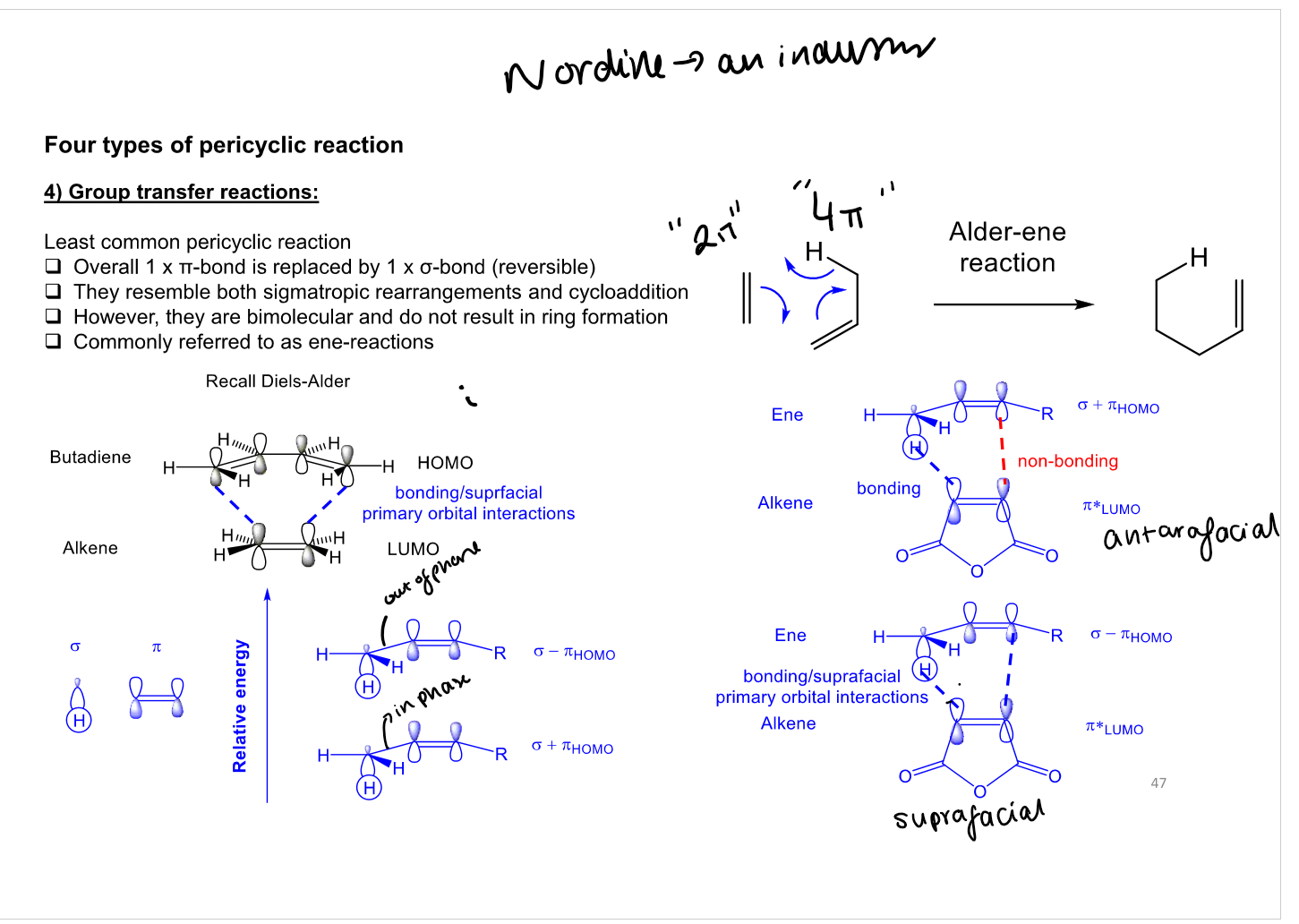 <p>Both are concerted pericyclic reactions using HOMO/LUMO interactions, but <strong>Diels–Alder forms a new ring</strong>, whereas an <strong>ene reaction transfers an allylic hydrogen and shifts a double bond</strong>, usually without ring formation.</p>