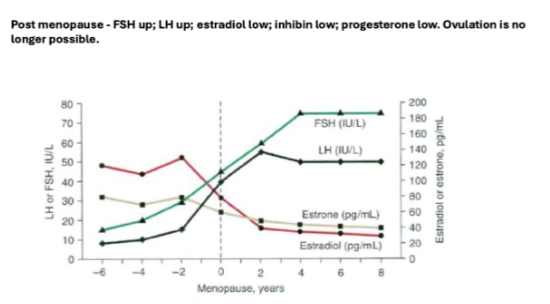 <ul><li><p><strong>↑ FSH &amp; LH</strong></p></li><li><p><strong>↓ Oestradiol (oestrogen), inhibin, progesterone</strong></p></li><li><p>Ovulation stops</p></li><li><p><strong>Your note:</strong></p><ul><li><p>↓ oestrogen may ↑ cardiovascular disease risk</p></li></ul></li></ul><p></p>