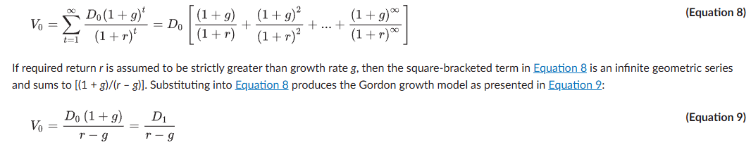 V₀ = Σ [D₀(1+g)ᵗ]/(1+r)ᵗ, which (when r > g) reduces to V₀ = D₀(1+g)/(r−g) = D₁/(r−g) — note the numerator is D₁, not D₀. Values equity as the present value of a growing perpetuity (reduces to V₀ = D₀/r if g = 0). Best suited to dividend-paying companies that are relatively insensitive to the business cycle and in a mature growth phase, especially with a history of raising the dividend at a stable rate.