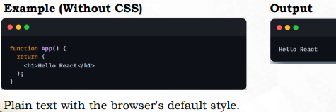 <p><strong>(Cascading Style Sheets</strong>) is used to make a website look attractive. Without CSS, a React application only displays plain HTML elements. React allows us to style components in different ways.</p>