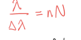 <p>λ/Δλ = nN</p><p>λ = avg of two wavelengths</p><p>Δλ = resolution (difference between two wavelenths)</p><p>n = defraction order</p><p>N = number of grooves (resolving power)</p>