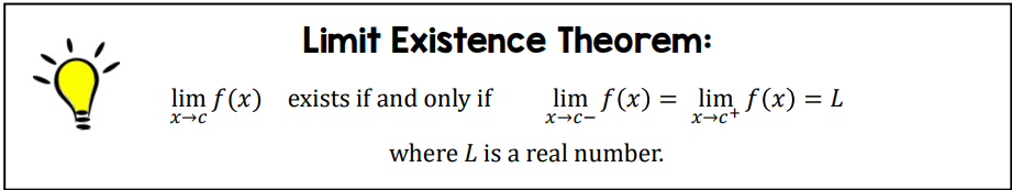 <p>The Limit Existence Theorem states that if the left-hand limit and the right-hand limit of a function at a certain point both exist and are equal, then the limit of the function at that point exists and is equal to that common value. </p>