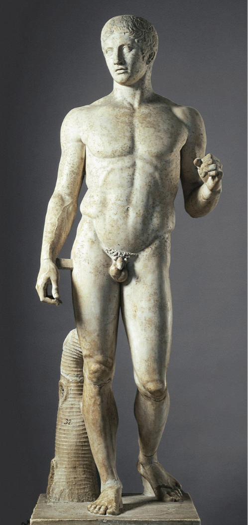<p>Artist: Polykeitos; Roman marble copy of a Greek bronze, High Classical of c. 450–440 BCE. Demonstrates contrapposto, with body weight resting on one leg while the other relaxes. Chiastic balance and harmony through the tense and relaxed body parts. Mathematical ratios could create perfect artistic forms and reflect the Greeks' admiration for the well-trained Greek body. </p>