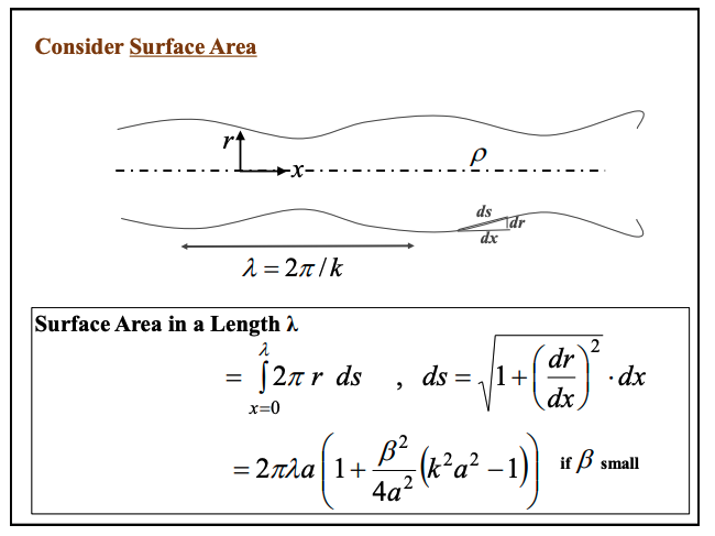<p>Our surface tension is an energy per unit area</p><ul><li><p>To work out stability, we basically want to see if our pertubation <strong>increase or decreases</strong> the area</p></li><li><p>this will tell us if the energy increase or decreases</p></li></ul><p></p><p>Using the constraint from before, we can use this to work out the surface area. The result is shown in the picture</p><p></p><h3 id="e0476596-f2ce-4148-8764-0f17c393c6a9" data-toc-id="e0476596-f2ce-4148-8764-0f17c393c6a9" collapsed="false" seolevelmigrated="true">Detailed maths</h3><p><strong>Transform coordinate system along length to dx</strong></p><p>$$= \int_{x=0}^{\lambda} 2\pi r \, ds \quad , \quad ds = \sqrt{1 + \left( \frac{dr}{dx} \right)^2} \cdot dx$$ </p><p>now subbing in our expression for r both in 2πr and dr/dx </p><p>$$ds=dx\left(1+(\beta k\sin kx)^2\right)^{1/2}\quad$$ taking an expansion as β is really small: </p><p>$$= dx \left( 1 + \frac{1}{2} \beta^2 k^2 \sin^2 kx + O(\beta k)^4 \right)$$</p><p></p><p><strong>Now subbing in the integral</strong></p><p>$$\text{S.A.} = 2\pi \int_{0}^{\lambda} (\alpha + \beta \cos kx) \left( 1 + \frac{1}{2} \beta^2 k^2 \sin^2 kx \right) dx$$ </p><p>quite easy to solve, basically in terms of chain rule if we get into the form sin(cos)^n or cos(sin)^n</p><p>this results in: </p><p>$$= 2\pi \lambda \left( \alpha + \frac{1}{4} \alpha \beta^2 k^2 \right)$$ </p><p></p><p><strong>now subbing in our expression for α</strong></p><p><span>$$\alpha = a \left( 1 - \frac{1}{4} \left( \frac{\beta}{a} \right)^2 + o \left( \frac{\beta}{a} \right)^4 \right)$$</span><strong> </strong></p><p>$$= 2\pi \lambda a \left( 1 + \frac{\beta^2}{4} \left( k^2 - \frac{1}{a^2} \right) \right)$$ </p><p>$$= 2\pi \lambda a \left( 1 + \frac{\beta^2}{4a^2} (k^2 a^2 - 1) \right) \quad \text{if } \beta \text{ small}$$ </p><p></p><p></p>