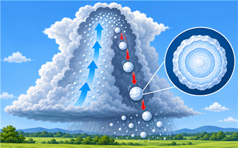 Balls or lumps of ice that grow inside thunderstorm clouds.