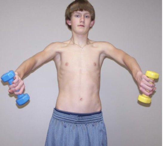 <p>Shoulder abduction in the scapular plane (30° anterior to the frontal plane) with internal rotation and resistance applied at the wrist</p>