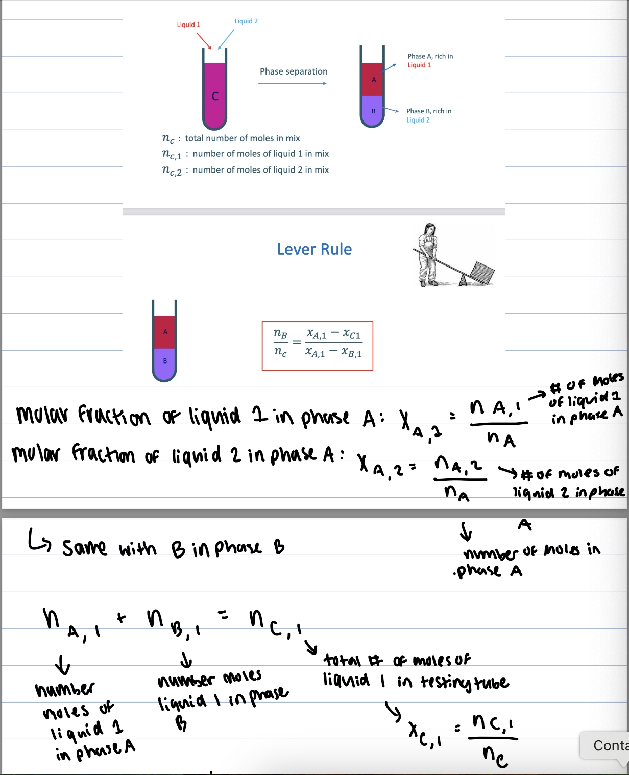 <p>calculate the amount of each phase in a 2 phase system </p><p>mole fraction- Xa=Na/N total </p><p>lever rule relation- Nb/Nc= Xa,1-Xc,1/Xa,1-Xb,1</p><p>used for partially miscible liquids and phase seperated mixtures </p>