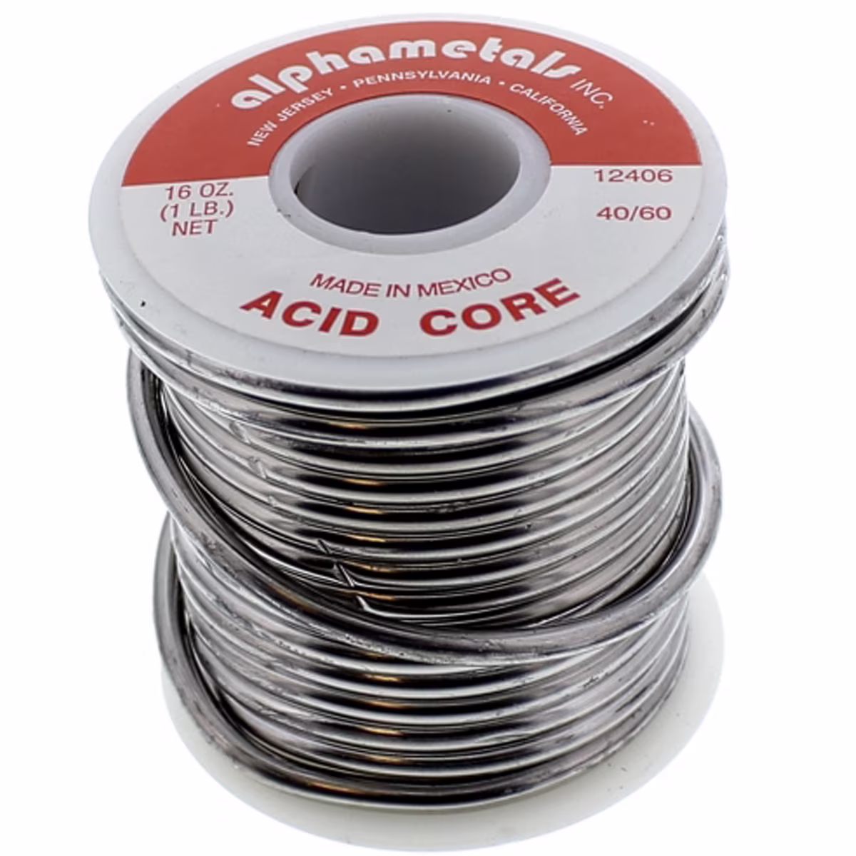 <p>Spool-wound solder wire with internal flux core (rosin or acid) used to join metals, with rosin for electrical wiring and acid core for sheet metal.</p>