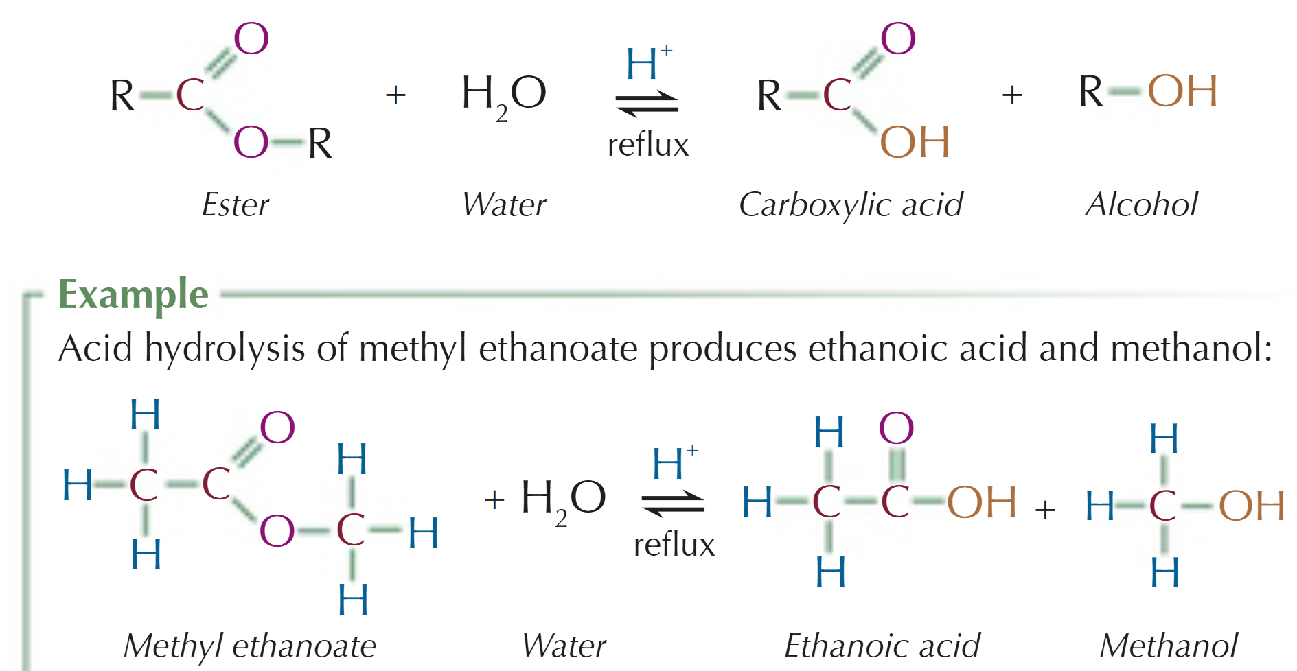 <p>Acid hydrolysis splits the ester into a <strong>carboxylic acid </strong>&amp; an <strong>alcohol</strong>:</p><ul><li><p>the ester has to be refluxed with a dilute acid (e.g. HCl or H<sub>2</sub>SO<sub>4</sub>)</p></li><li><p>acid hydrolysis reactions are reversible → lots of water needed to push equilibrium to the right</p></li></ul><p></p>