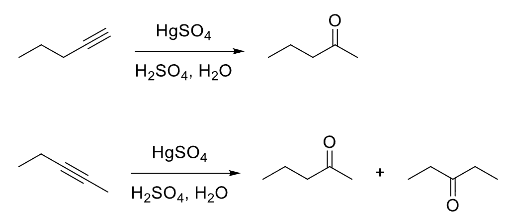<p>Markovnikov</p><p>Generates ketones from 1-alkynes</p><p><strong>Reagents: HgSO<sub>4</sub> / H<sub>2</sub>SO<sub>4</sub>, H<sub>2</sub>O</strong></p><p>Mechanism: pi bond acts as Nuc, attacks Hg<sup>2+</sup> , which forms <strong>bridge intermediate with resonance</strong>. H<sub>2</sub>O as Nuc attacks more substituted side of bridge, another H<sub>2</sub>O removes H to form OH. pi bond attacks H from H<sub>3</sub>O<sup>+ </sup>, Hg<sup>+</sup> leaves and resulting enol tautomerizes with acid to form ketone.</p><p><strong>End Goal: Add carbonyl group to more substituted side of alkyne.</strong></p>