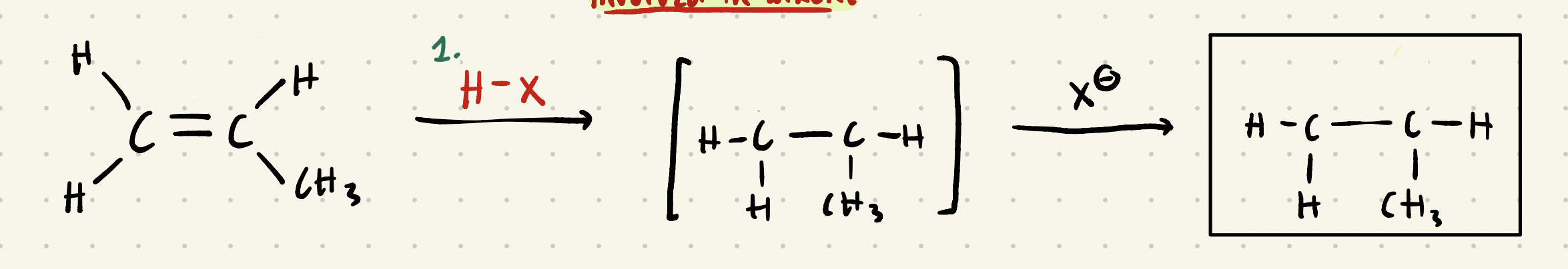<p>X is added to MORE subbed carbon, while H is added to LEAST subbed carbon.</p>