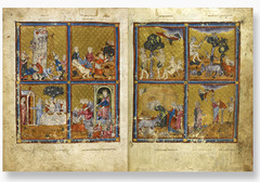 <p>Form:</p><p>-illuminated manuscript </p><p>-pigments and gold leaf on vellum (animal)</p><p>Content:</p><p>-Left: plagues of Egypt</p><p>-Middle: scenes of liberation (Israelites leave)</p><p>-Right: Passover</p><p>Function:</p><p>-book used by a wealthy Jewish family to tell the story of Passover around the sedar table each year</p><p>Context:</p><p>-Late Medieval Spain 1320 CE</p><p>-similar to Christian Gothic manuscripts</p>