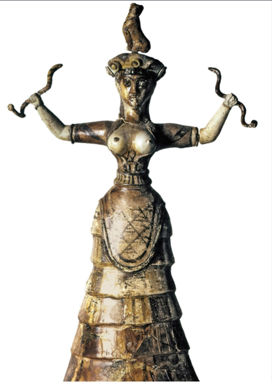 <p><span style="background-color: transparent;">9.11 Snake goddess, from the palace at Knossos, Crete, Greece, c. 1600 BCE.</span></p><p><span style="background-color: transparent;">Faience, height approx. 11½ in. (30 cm). Heraklion Archaeological Museum, Crete, Greece</span></p>
