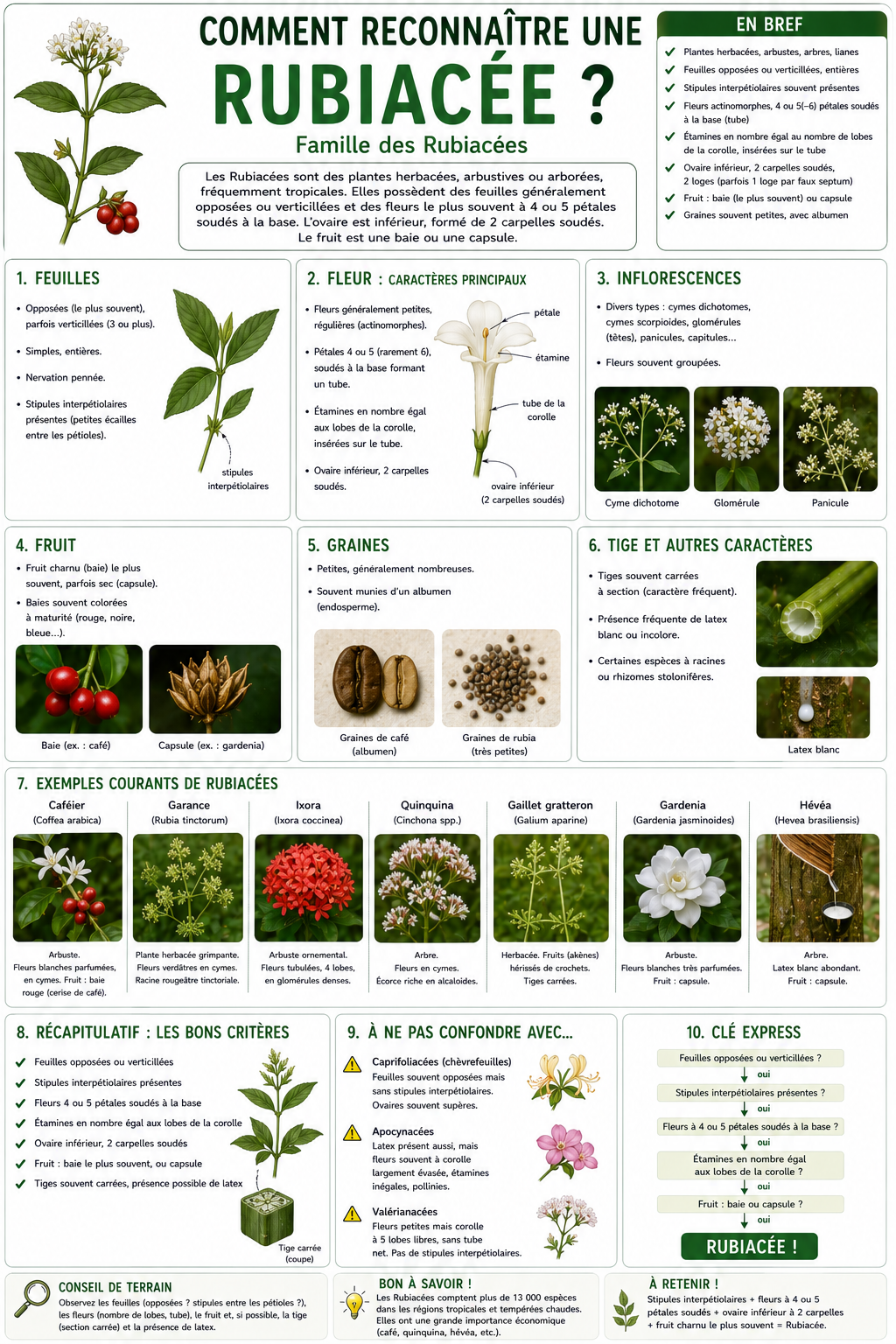 <p>Les Rubiaceae ont des caractères végétatifs très utiles. Les feuilles sont opposées ou en verticilles, avec des stipules interfoliaires (entre les feuilles) souvent bien visibles.</p><p>La tige peut être quadrangulaire et renflée aux nœuds, parfois rougeâtre.</p><p>Les fleurs sont petites, régulières (actinomorphes), avec une corolle tubulaire formée de pétales soudés, généralement 4 ou 5 lobes.</p><p>Les étamines sont en nombre égal aux pétales et insérées sur la corolle. L’ovaire est infère.</p><p>Le fruit peut être une baie, capsule ou drupe.</p><p>Résumé : feuilles opposées + stipules visibles + corolle tubulaire + ovaire infère = Rubiaceae.</p>