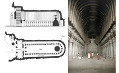 <p>Rock-Cut Architecture: Carved directly into the rock of a cliff, the hall showcases the advanced rock-cut techniques of early Indian builders, creating a monumental and intricately detailed space without external construction materials.</p><p>Vaulted Ceiling with Ribbed Beams: The hall features a vaulted ceiling supported by wooden ribbed beams, mimicking the interior of a wooden structure, providing both aesthetic beauty and structural integrity.</p><p>Stupa at the Rear: The focus of the hall is a large stupa located at the back of the space. It serves as a place for circumambulation and veneration and embodies the spiritual and ritual core of the Buddhist faith.</p>