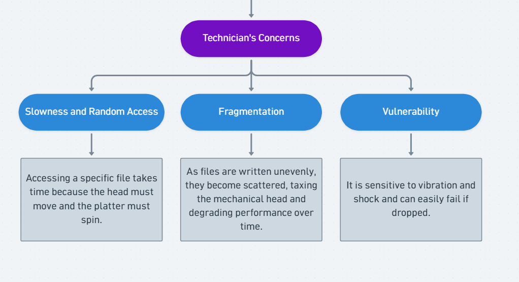 <p>Slowness and Random Access,</p><p>Fragmentation,</p><p>Vulnerability.</p>