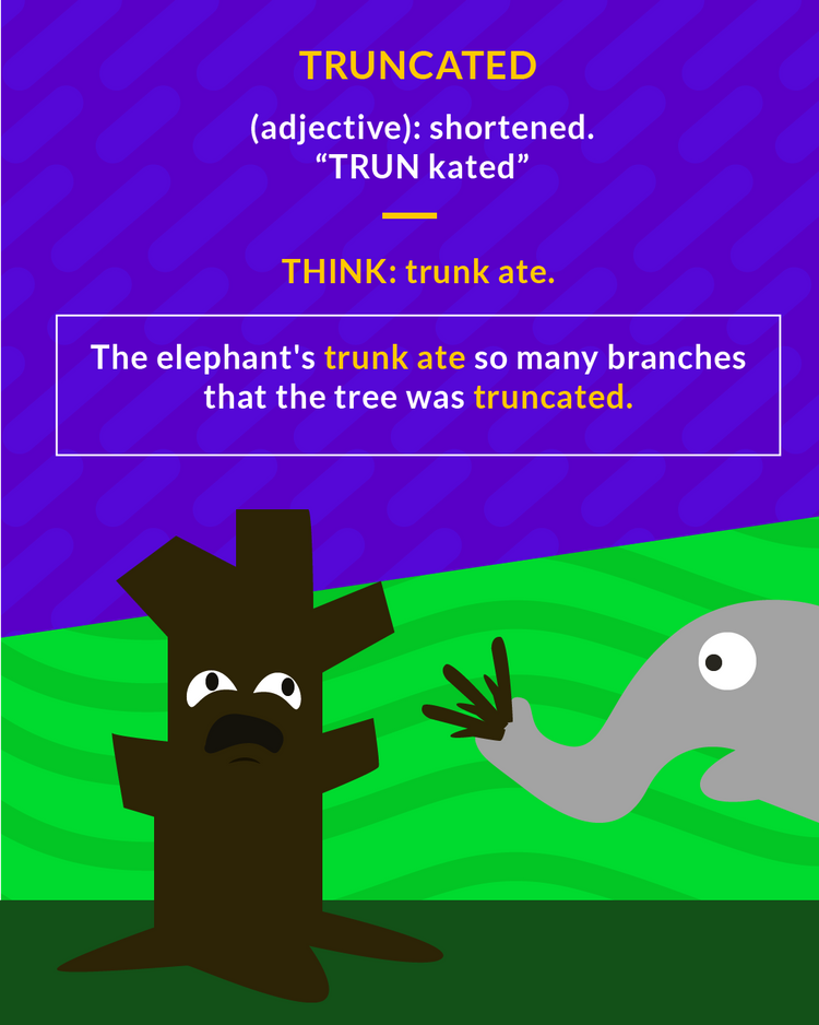 <p>(adj., verb) shortened; cut off</p>