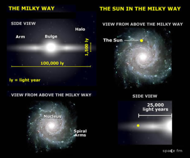 <ul><li><p><span style="background-color: transparent;">Nuclear bulge in centre, with evidence for black hole.&nbsp;</span></p></li><li><p><span style="background-color: transparent;">Globular clusters with relatively old stars surround halo.</span></p></li><li><p><span style="background-color: transparent;">Disc with spiral arms of young stars, gas, dust and sites of star formation.&nbsp;</span></p></li></ul><p></p>